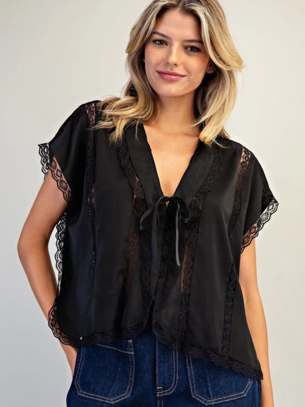 eesome Black Lace-Trim Flutter Sleeve Blouse